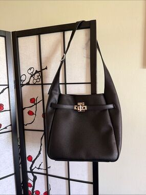 DKNY Black Pebbled Leather Shoulder Bag with Turn-Lock Detail